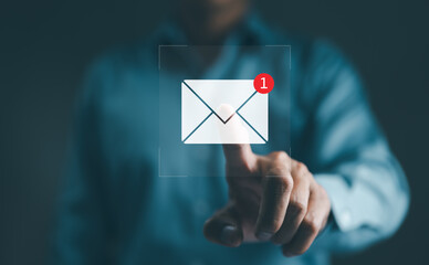 New email notification interaction concept. A person interacting with a floating digital interface...