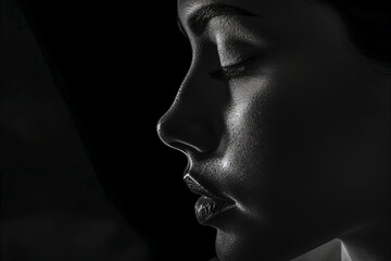 Side profile of a woman with soft lighting highlighting skin texture and closed eyes