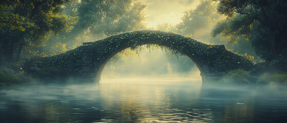 An old stone bridge arching over a mist-covered river, with ivy cascading from the sides, bathed in early morning light.