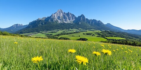 Fototapeta premium Mountain Meadow Landscape with Wildflowers and Blue Sky