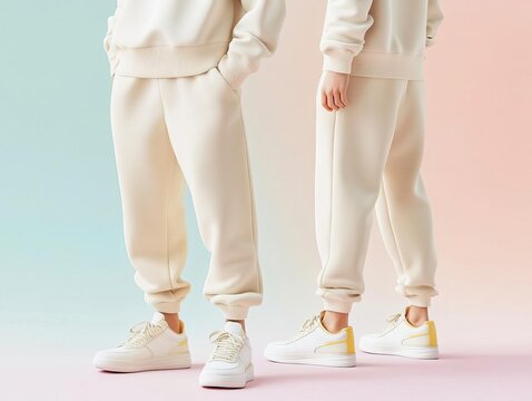 Front and back view of blank beige sweatpants with soft fabric folds, placed on a pastel gradient background, Sweatpants, Casual fashion 3D mockup