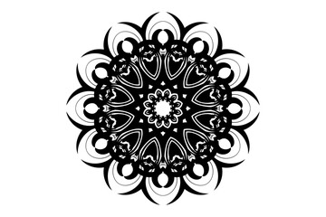 Symmetrical black and white mandala with swirling lines and intricate patterns for meditation and decor