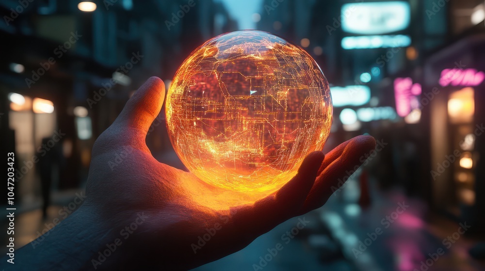 Poster hand holding a glowing ai sphere symbolizing the power and potential of artificial intelligence.