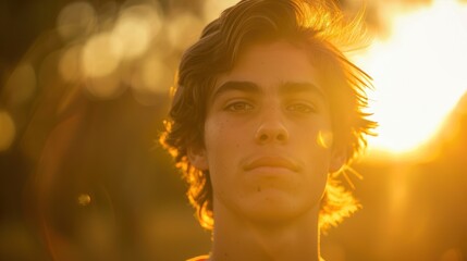 Fototapeta premium Close-up Portrait of a Young Man with Golden Hair in the Sun