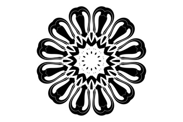 Black and white mandala featuring a central circle with sunburst design, radiating balanced decorative elements
