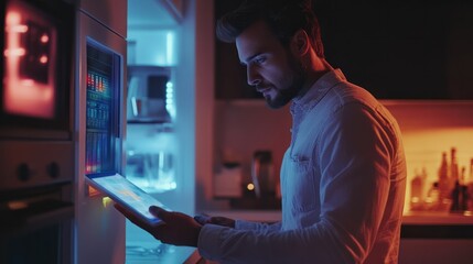 Handsome technician using a holographic tablet to read electric meters in a futuristic smart home.