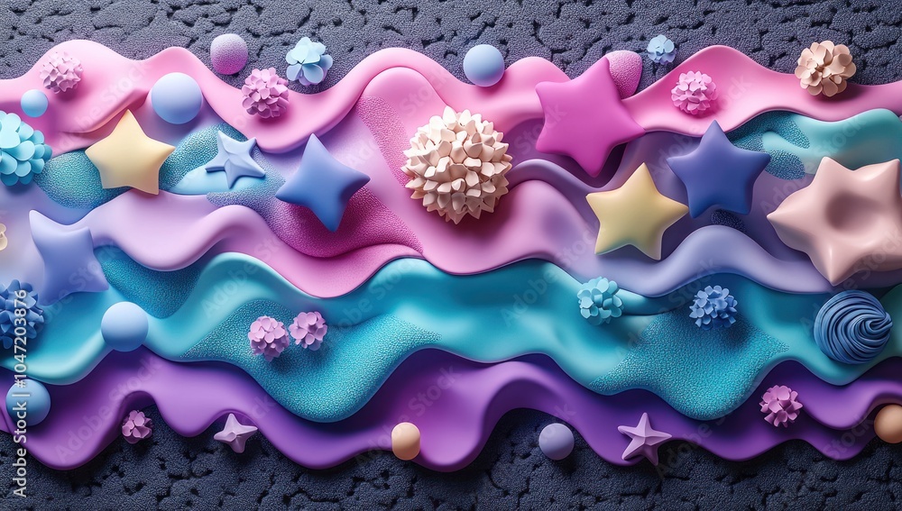 Poster a colorful abstract composition of wavy textures and playful shapes.