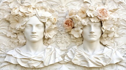 White Marble Busts with Floral Accents   Classic Art  Vintage Style  Romantic Decor