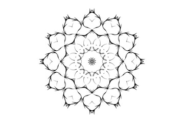 Black and white mandala with sun-inspired rays and a detailed circle center filled with smaller circles
