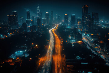 Fototapeta premium Aerial view of skyscrapers and busy streets