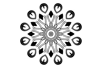 Black and white mandala with central focal point and intricate interlocking patterns for meditation or decor
