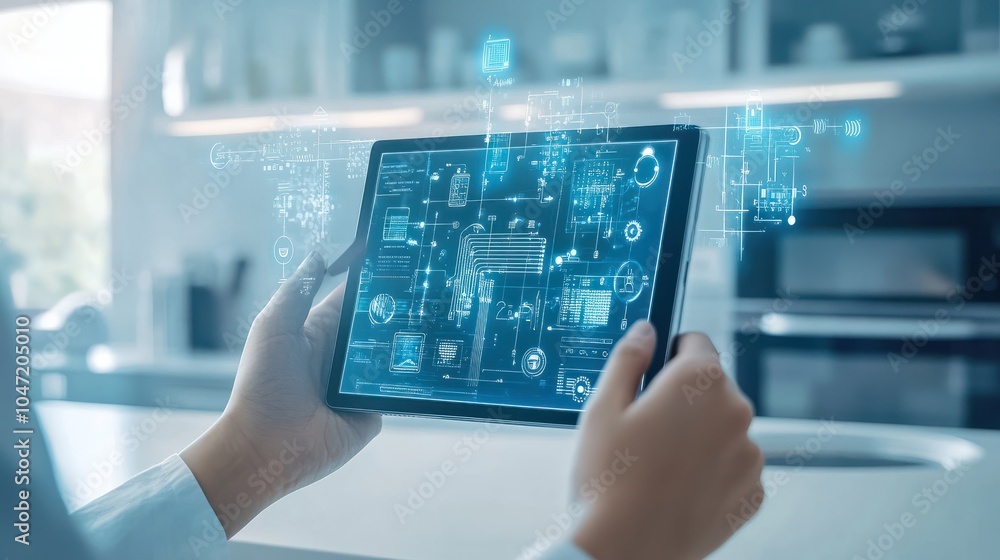 Poster man controlling smart home navigation system from digital tablet in kitchen