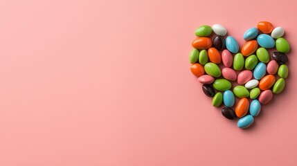 Obraz premium A heart shape made from colorful candies on a pink background.