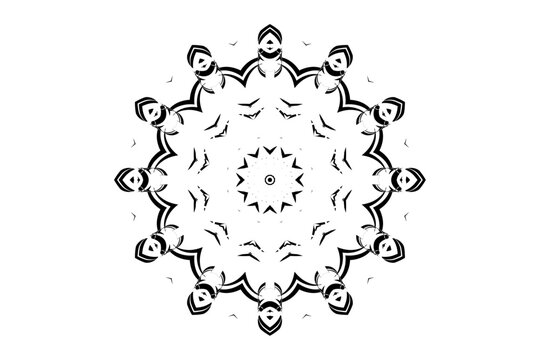 Ornate mandala with face-centered design and intricate tribal patterns in monochrome on a plain background
