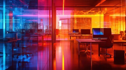 Modern neon cyberpunk open space office interior blurred with information technology overlay. Corporate strategy for finance, operations, marketing. Tables with computers for work. Technology
