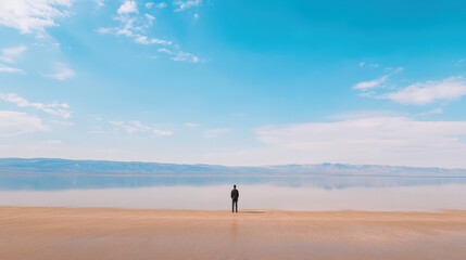 lone person standing on a serene beach with a calm, reflective lake and mountains in the distance