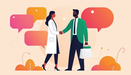 Contemporary art collage. Two young people standing in speech bubbles and shaking hands. Meeting an make deals online. Concept of partnership, business acquisition, deals, cooperation, teamwork.	
