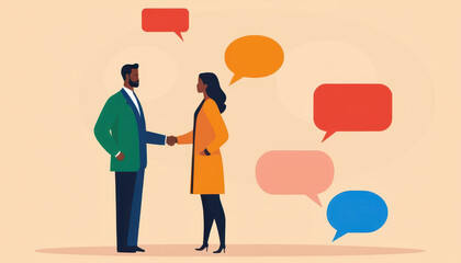 Contemporary art collage. Two young people standing in speech bubbles and shaking hands. Meeting an make deals online. Concept of partnership, business acquisition, deals, cooperation, teamwork.	
