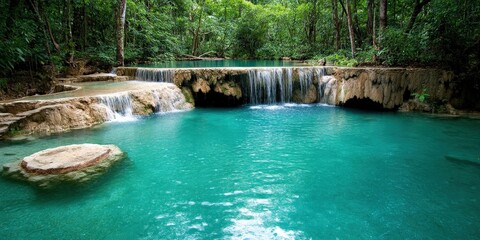 Fototapeta premium Lush Tropical Rainforest Waterfall Scene With Turquoise Pool