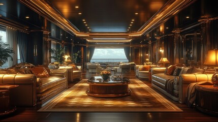 Luxurious interior of a spacious lounge with elegant furnishings and a scenic view.