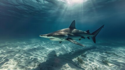 A hammerhead shark swims through clear blue water with sunlight filtering through the surface