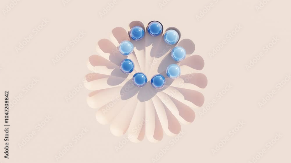 Poster abstract 3d animation: blue and cyan balls rolling on peach background. perfect for modern geometric