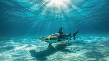 Obraz premium A Hammerhead Shark Swimming Through Sunlit Water