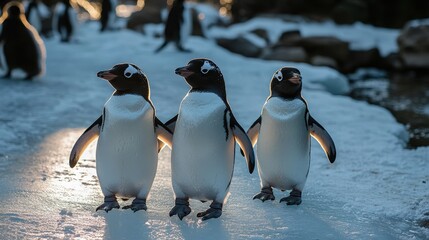 Obraz premium Penguins Waddle on Ice at Zoo in the Morning
