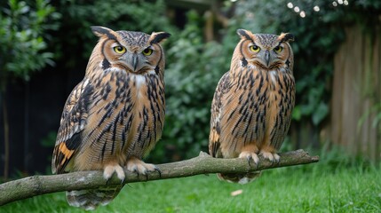Fototapeta premium Owls Perched on Branches in a Zoo Environment