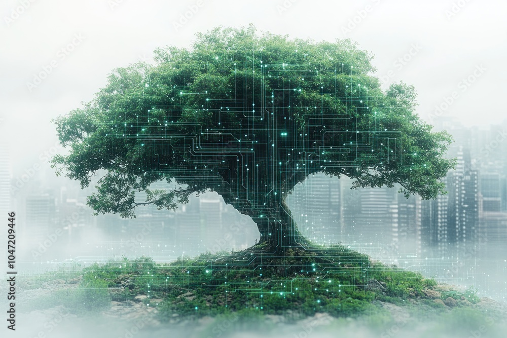 Poster a digital tree with circuit patterns, symbolizing the fusion of nature and technology.