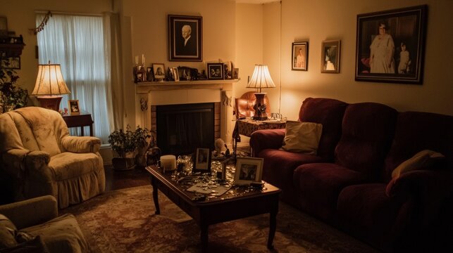 A once warm and cozy living room now dark and cold, with only a shattered family photo on the table,