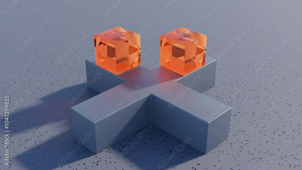 Poster abstract 3d animation: synchronized amber cubes with geometric patterns sliding on a cross