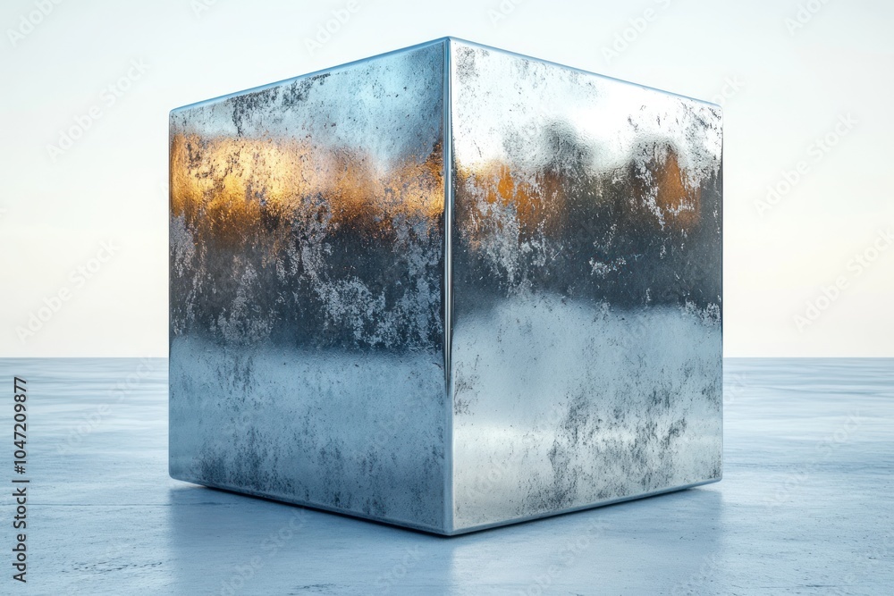 Poster a reflective metallic cube on a smooth surface with a serene background.