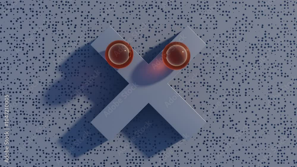 Poster abstract 3d animation: synchronized amber balls sliding on a cross
