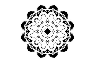 Monochromatic mandala with a meditative central motif, radiating harmonious patterns in black and white
