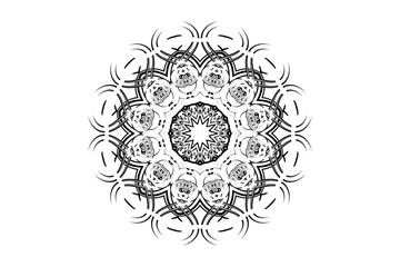 Detailed black and white mandala with an eye or flower center, highlighting geometric shapes and organic symmetry
