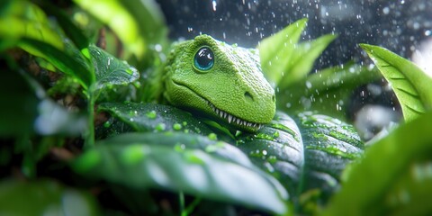 Obraz premium T Rex Dinosaur in Lush Rainforest with Raindrops
