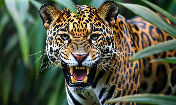 A fierce jaguar displaying its powerful features.