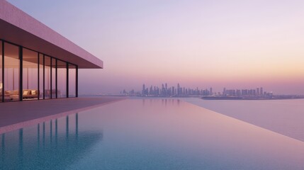 Stunning cityscape view from modern luxury hotel terrace at sunset