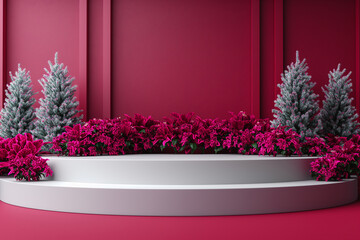 Fototapeta premium A white pedestal with a red background and a row of pink flowers