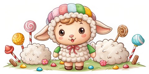 Naklejka premium Adorable Lamb Dressed as a Shepherd with Helmet and Candy, Perfect for Kids' Themes and Decor