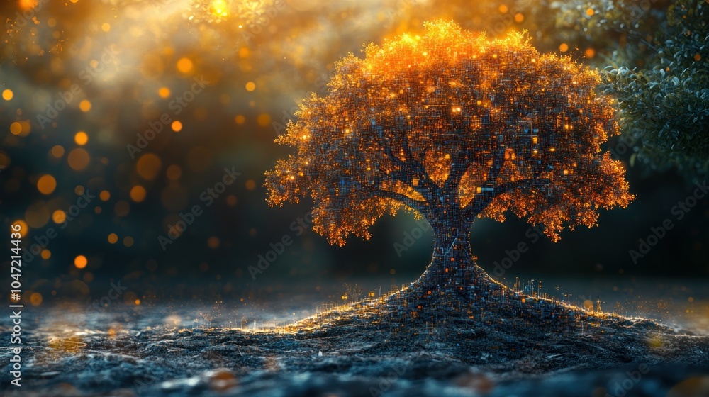 Poster a glowing tree amidst a mystical background, creating a serene and enchanting atmosphere.