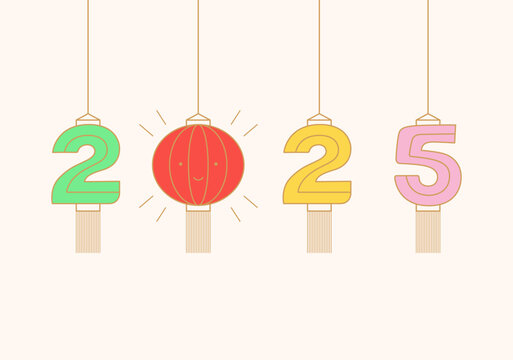 2025 Lunar Chinese New Year horizontal greeting card with hanging lanterns. Colorful vector design.