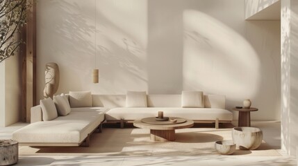 A refined lounge setup against a white canvas backdrop, Featuring meticulously arranged minimalist furniture, Zen garden-inspired design