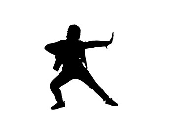 Front full body length black vector silhouette profile of woman in martial arts pose in normal clothing on transparent copy space background