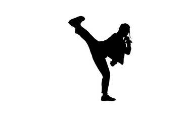 Front full body length black vector silhouette of woman in martial arts kicking pose in normal clothing on transparent copy space background