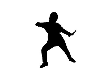 Full length front side body black vector silhouette of woman in martial arts pose in normal clothing on transparent copy space background