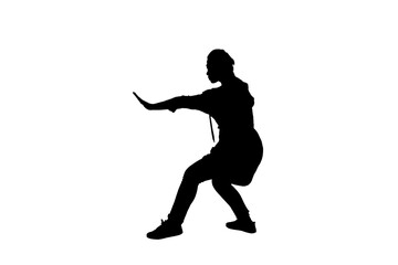 Side full body length black vector silhouette profile of woman in martial arts pose in normal...