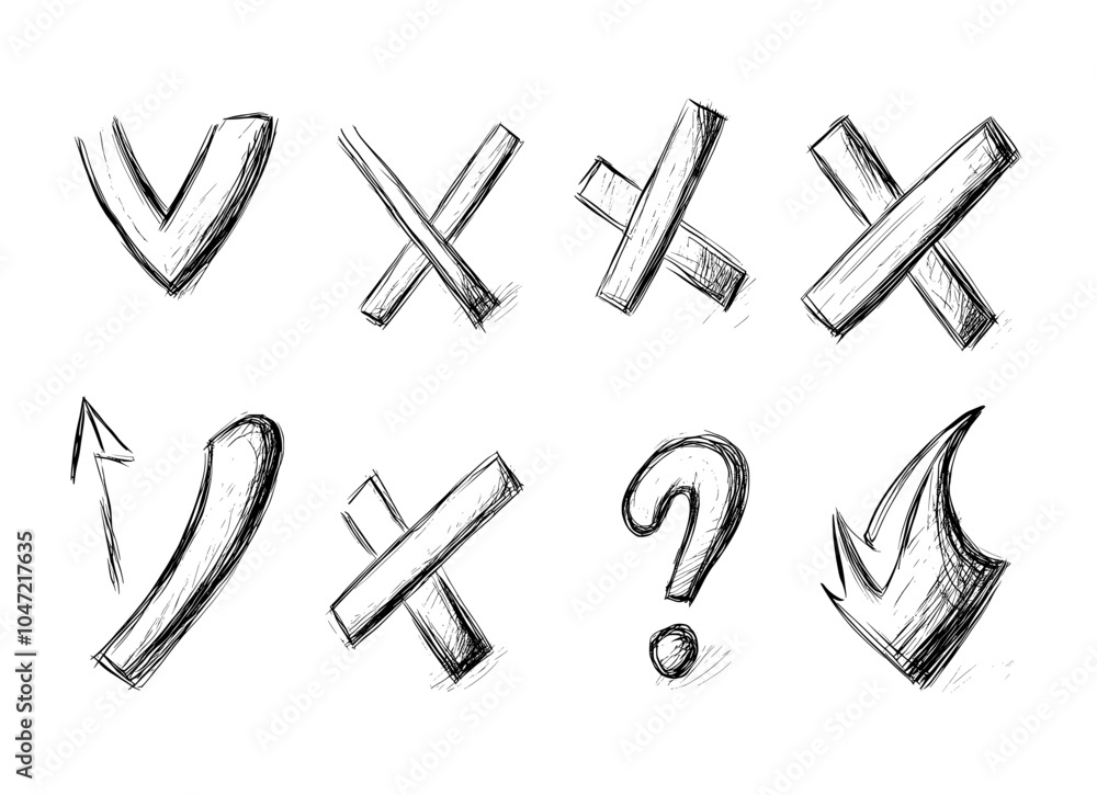 Poster checkmarks with arrows and circles overlaid. set of modern illustrations for doodles and checklists.