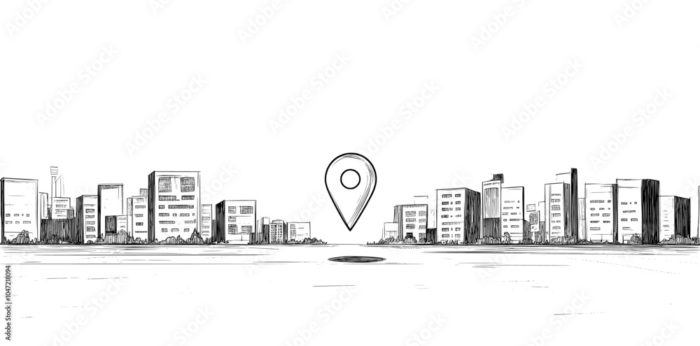 Poster the map pin image is drawn on a one line drawing background. a continuous line drawing of the gps ic